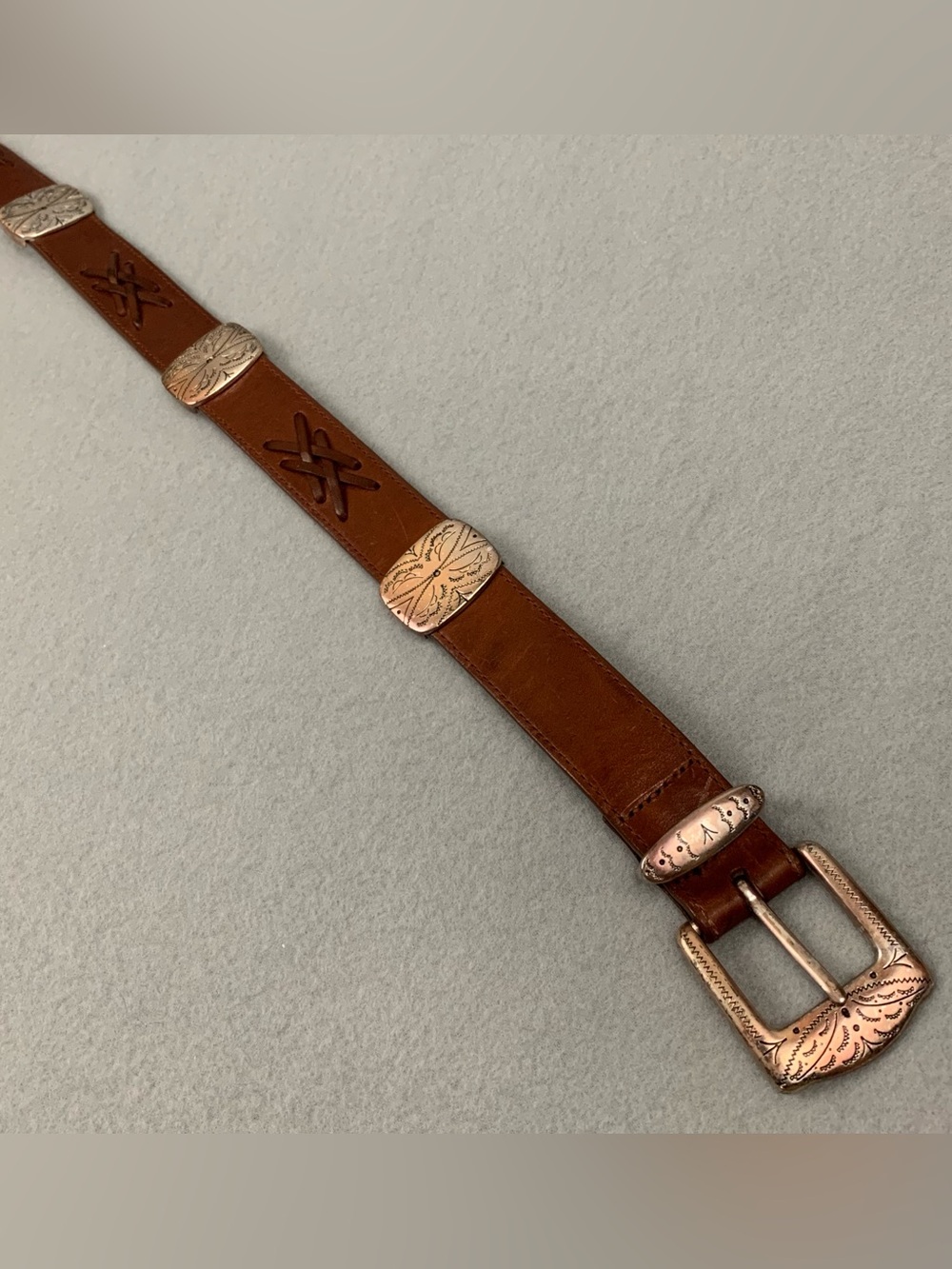 Brighton Belt Womens Large Brown Leather Concho Square Medallion Vintage 1991